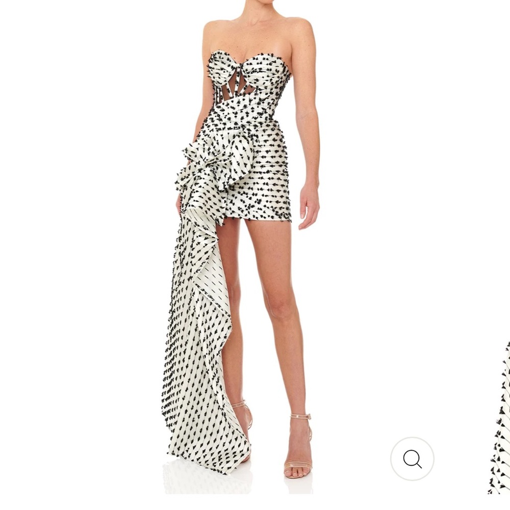 Strapless White and Black Polka Dot Mini Dress with Dramatic Side Drape